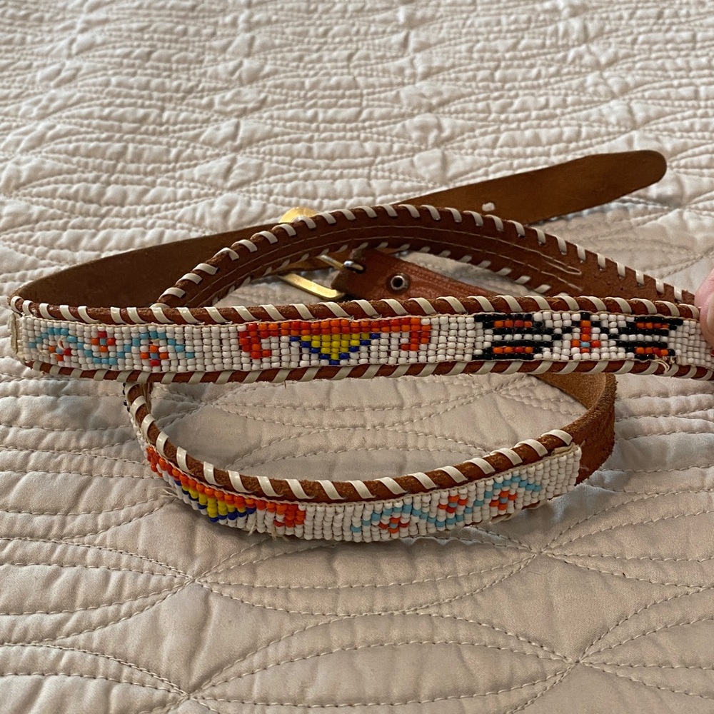 Vintage Beaded Brown Leather Belt - Picture 2 of 16